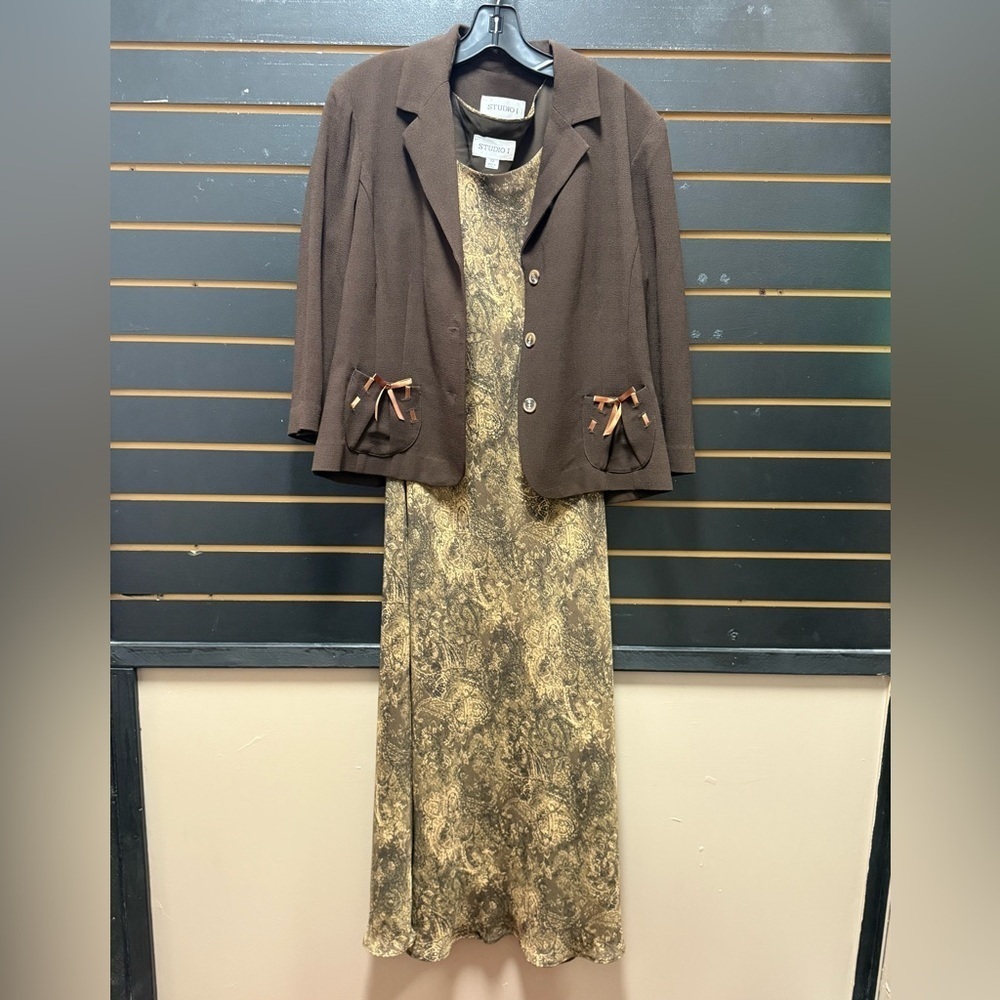 Studio I Brown Blazer & Gold Print Dress Set NWT 12